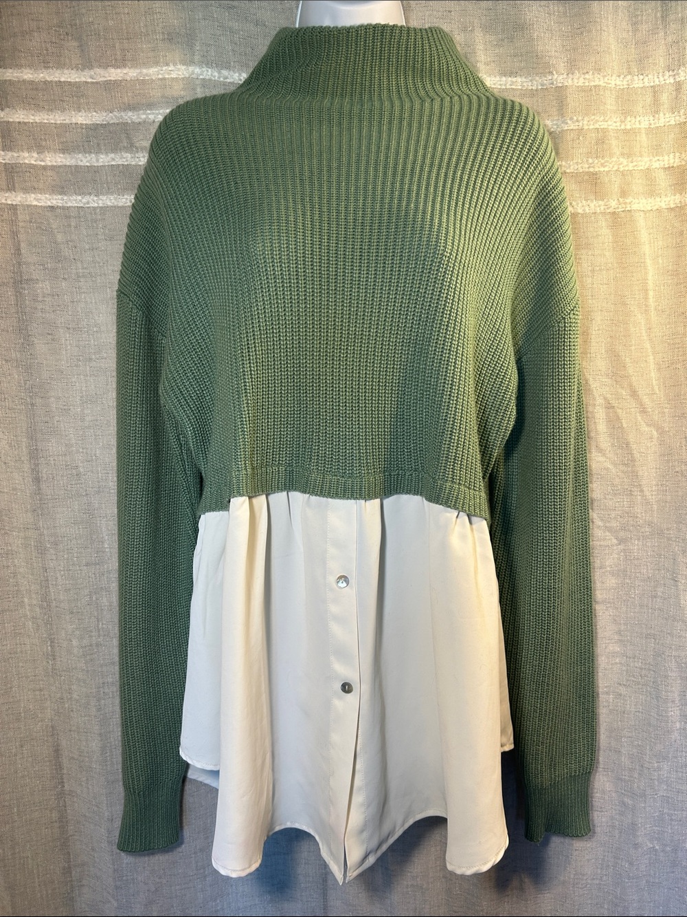 Twofer Green Knit Pullover with Cream Shirt Hem